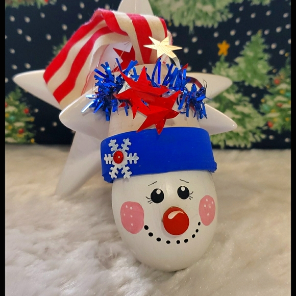 Hand Crafted Other - Christmas Red white and blue snowman lightbulb ornament artisan hand crafted